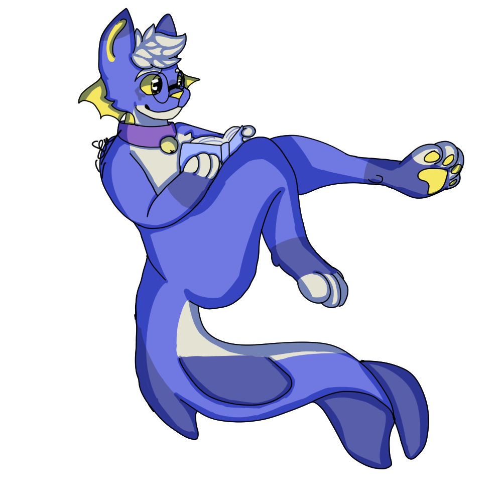 A drawing of sailor a blue white and purple coloured cat with yellow eyes nose and fins reading a book