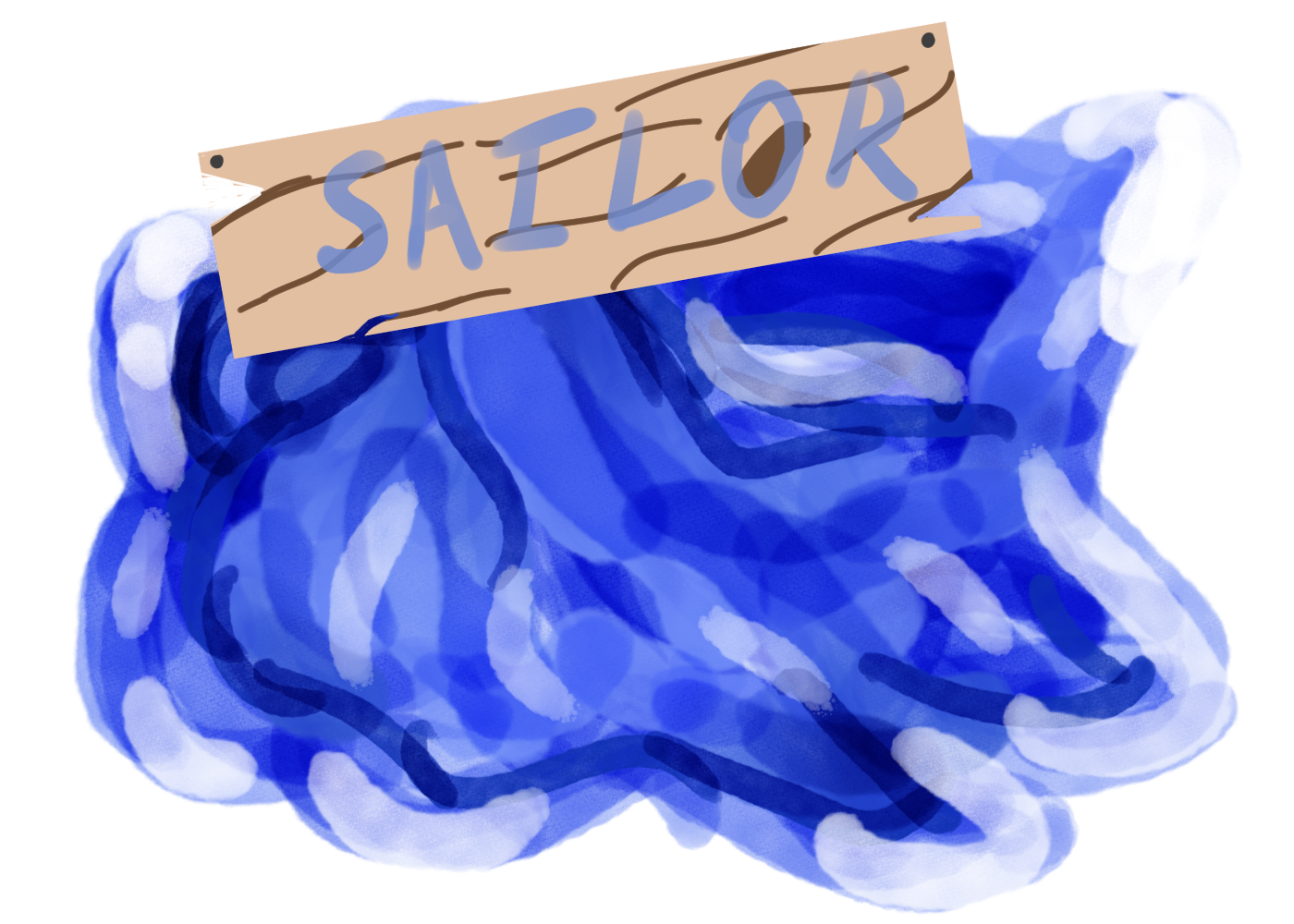 A splash of water drawn with a paint like texture ontop is a wooden board with a blue paint that says Sailor on it